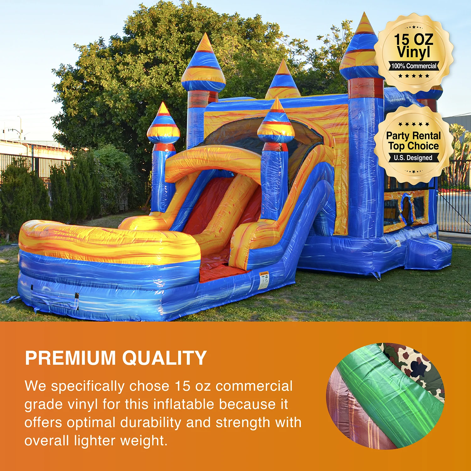 JumpOrange Commercial Grade Inflatable Jumpy Bounce with Two Slides, for Adults and Kids, Wet Dry Use, Includes Heavy Duty Blower, Stakes and Storage, Blowup Playset