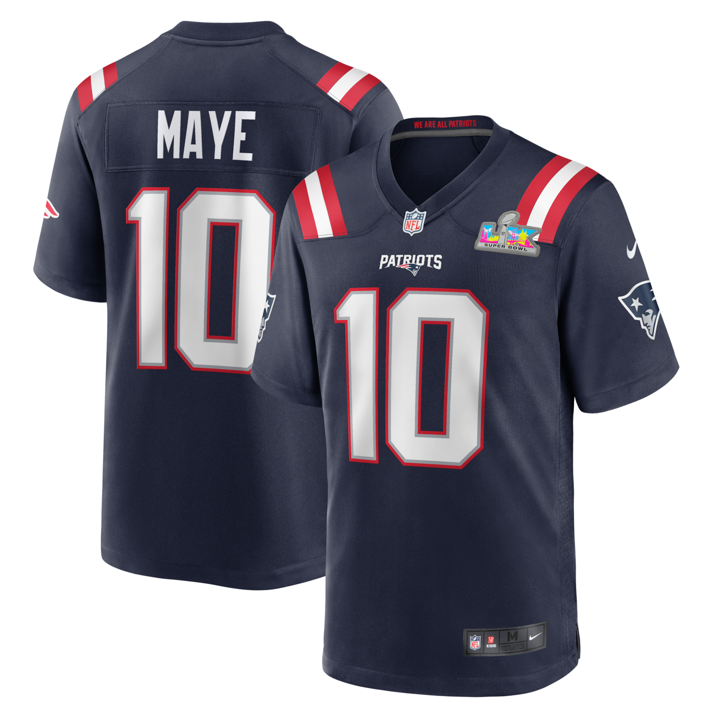 Men's New England Patriots Drake Maye Nike Navy Super Bowl LX Patch Game Jersey