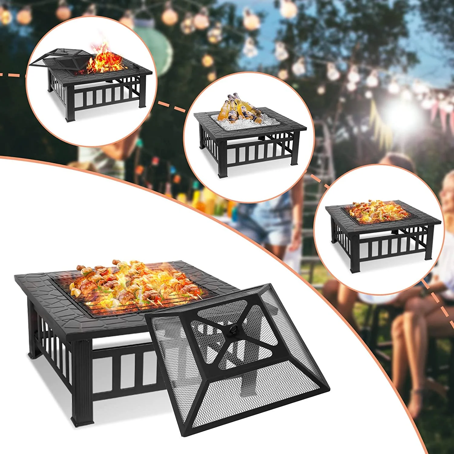 Arlopu Metal Fire Pits for Outside, 32 Wood Burning Fire Pit Table Square Fire Bowl for Patio Backyard Party BBQ Bonfire