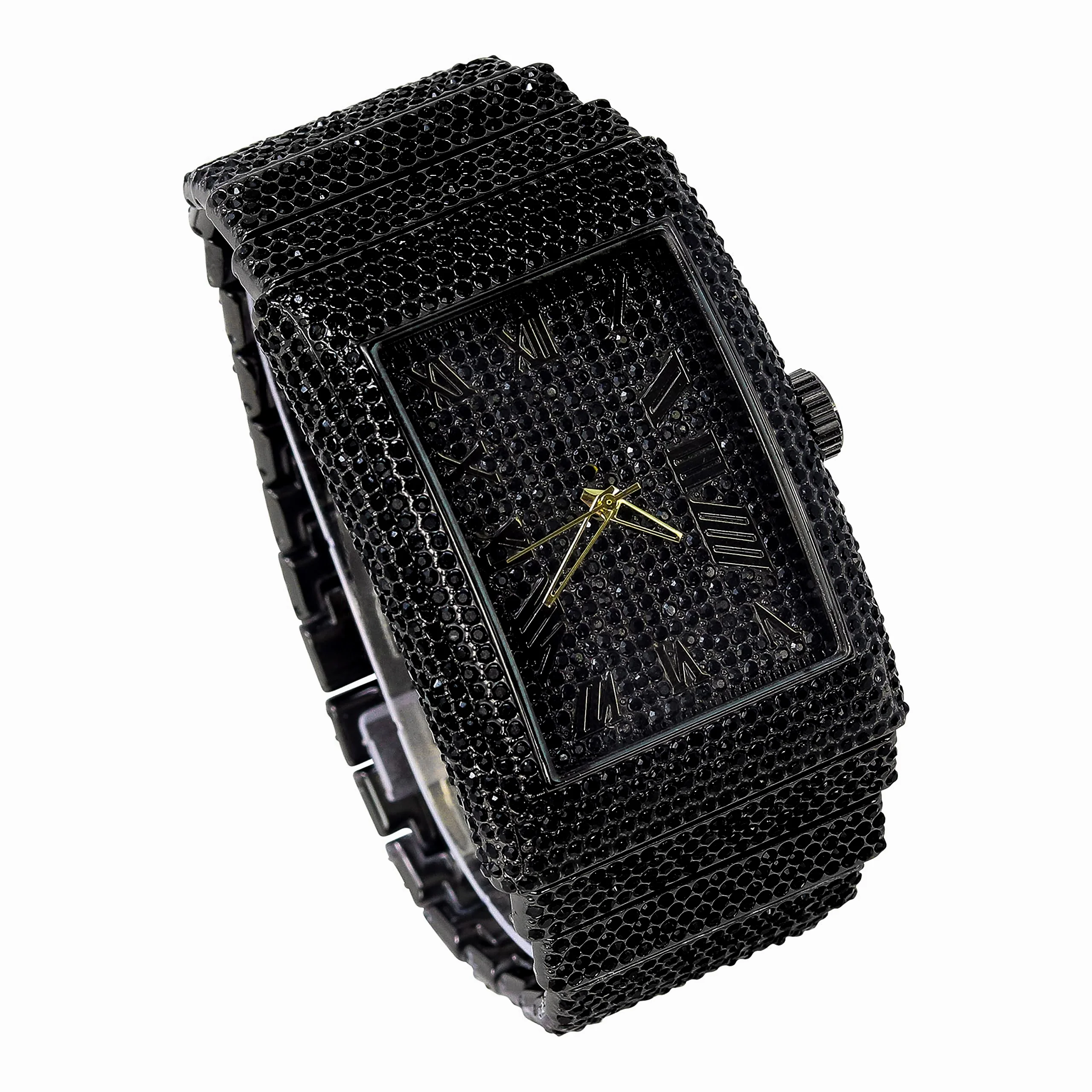 Men's Rectangle Iced Out Diamond Watch - Brilliant Crystals, Bling-ed Out Roman Dial, Iced Bezel - Fully Iced Out Band with Adjustable Sizing - Gun Black Finish - Luxury Timepiece - Curated Treasures Market