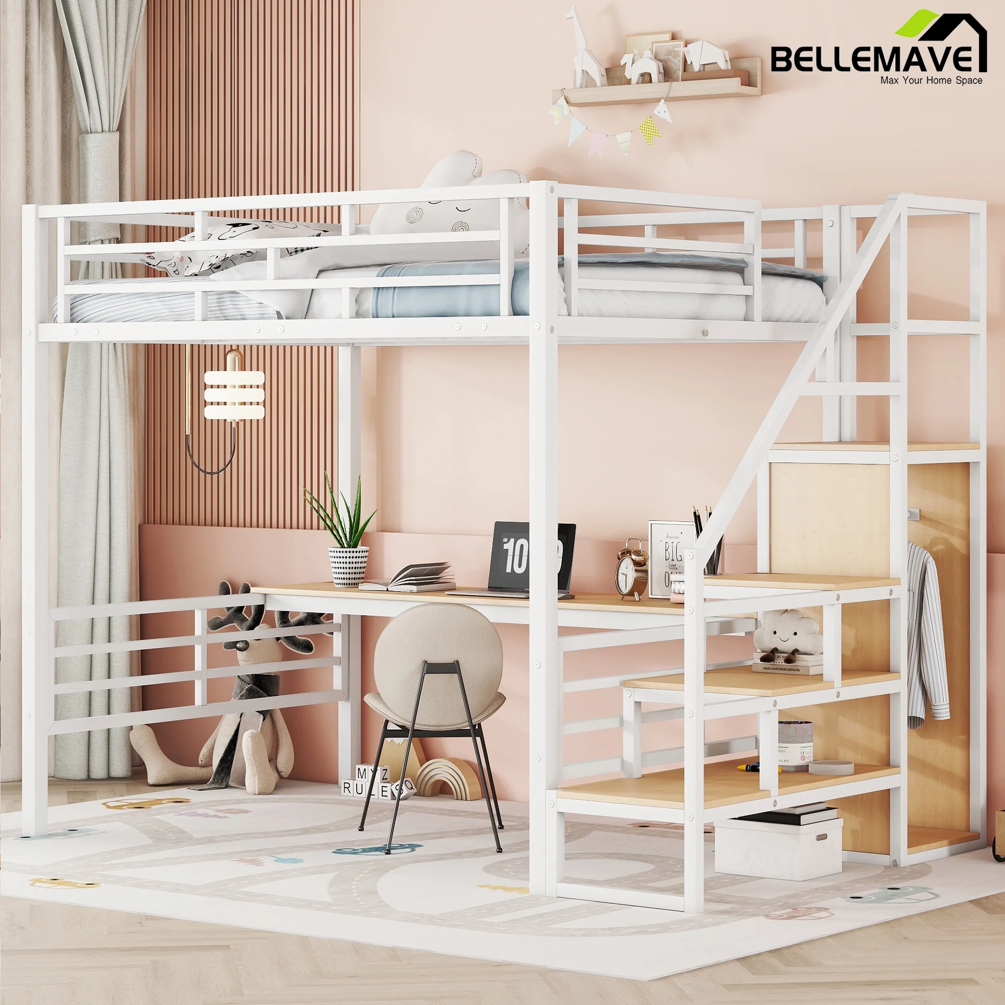 Bellemave Full Size Metal Loft Bed with Convertible Storage Staircase and Small Wardrobe, Heavy Duty Loft Bed Frame with Built-in Long Desk and Safety Guardrail for Kids,Teens, White - Curated Treasures Market
