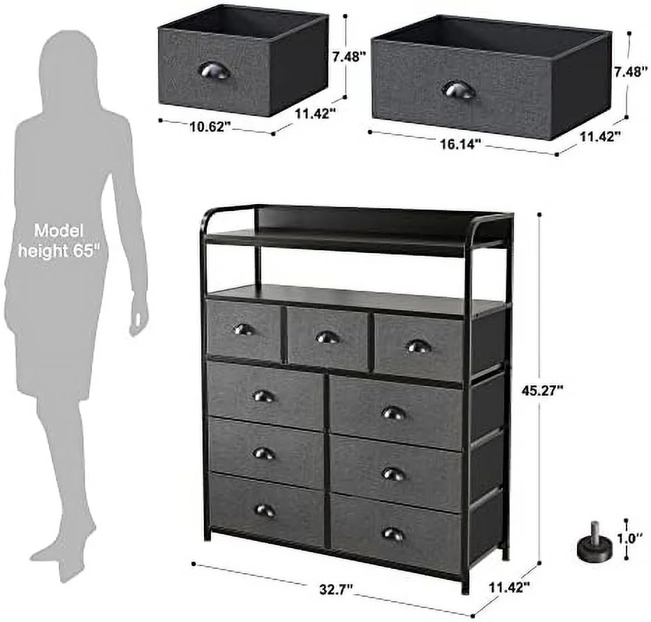MQLIFEBOOM Dresser for Bedroom  Chest of Drawers for Bedroom  9 Drawer Fabric dresser Tall Dresser for Closet  Black Dresser with Wood Top for Nursery Living Room Entryway 2 Shelves Metal - Curated Treasures Market
