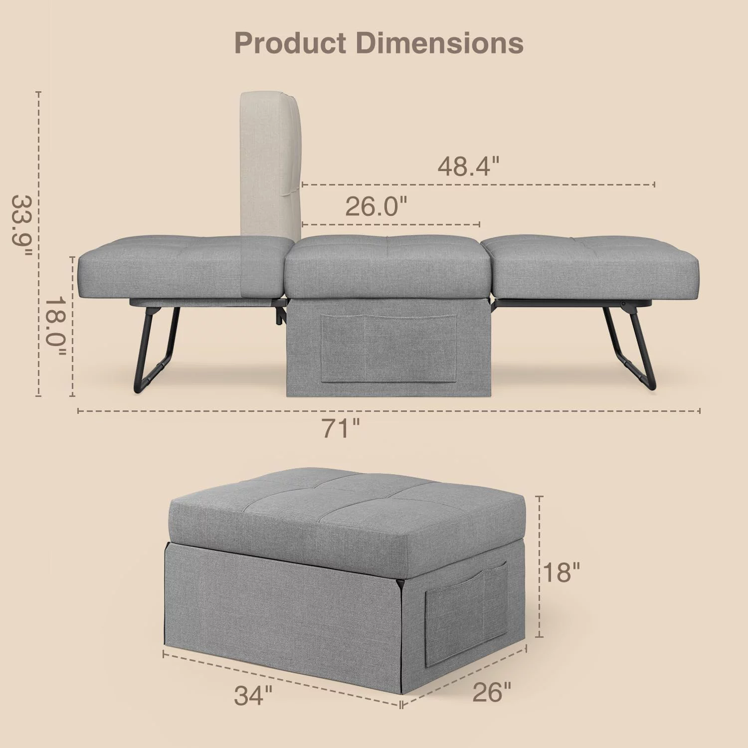 4 in 1 Sofa Bed, Sleeper Chair Bed Convertible Chair, Assembly-Free Sofa Chair Bed with Adjustable Backrest Breathable Linen, for Living Room Apartment Office, Light Grey - Curated Treasures Market