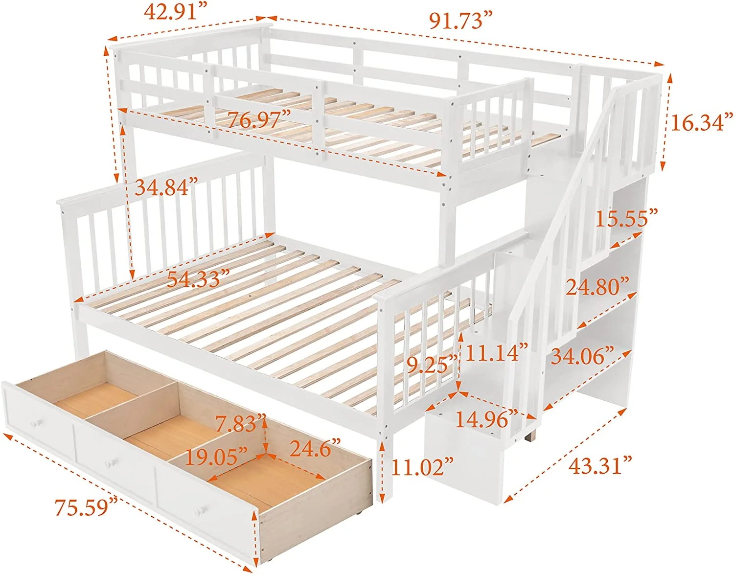 Over Full Bunk Bed With Stairs. Solid Wood Stairway Bunk Bed With Storage Drawers For Kids Teens Adults. Bedroom. Dorm (White)