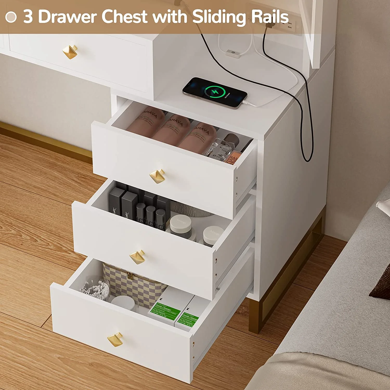 Tiptiper Makeup Vanity with Light Mirror and Charging Station, Vanity Desk with Storage Shelves, 5 Drawers, White - Curated Treasures Market