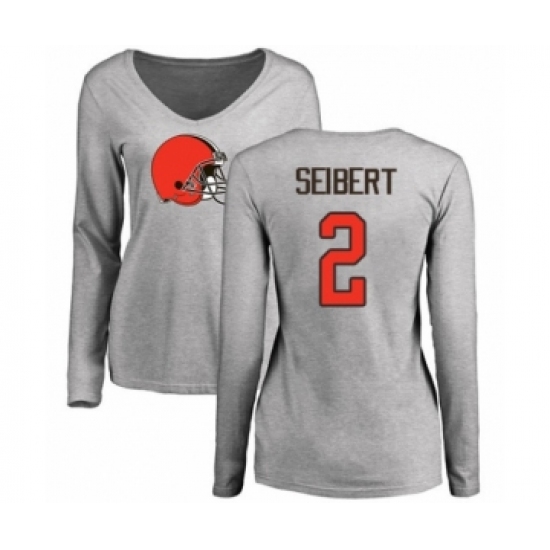 Football Women's Cleveland Browns #2 Austin Seibert Ash Name & Number Logo Long Sleeve T-Shirt