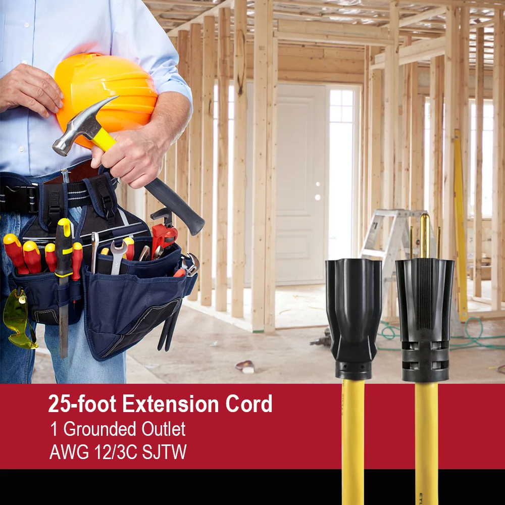 Hyper Tough 25FT 12/3 Extension Cord Yellow For Outdoor Use