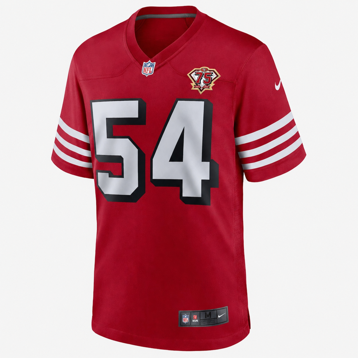 Men's San Francisco 49ers Fred Warner Nike Scarlet Team Vapor F.U.S.E. Stitched Limited Jersey (75th‑Anniversary Commemorative Badge)