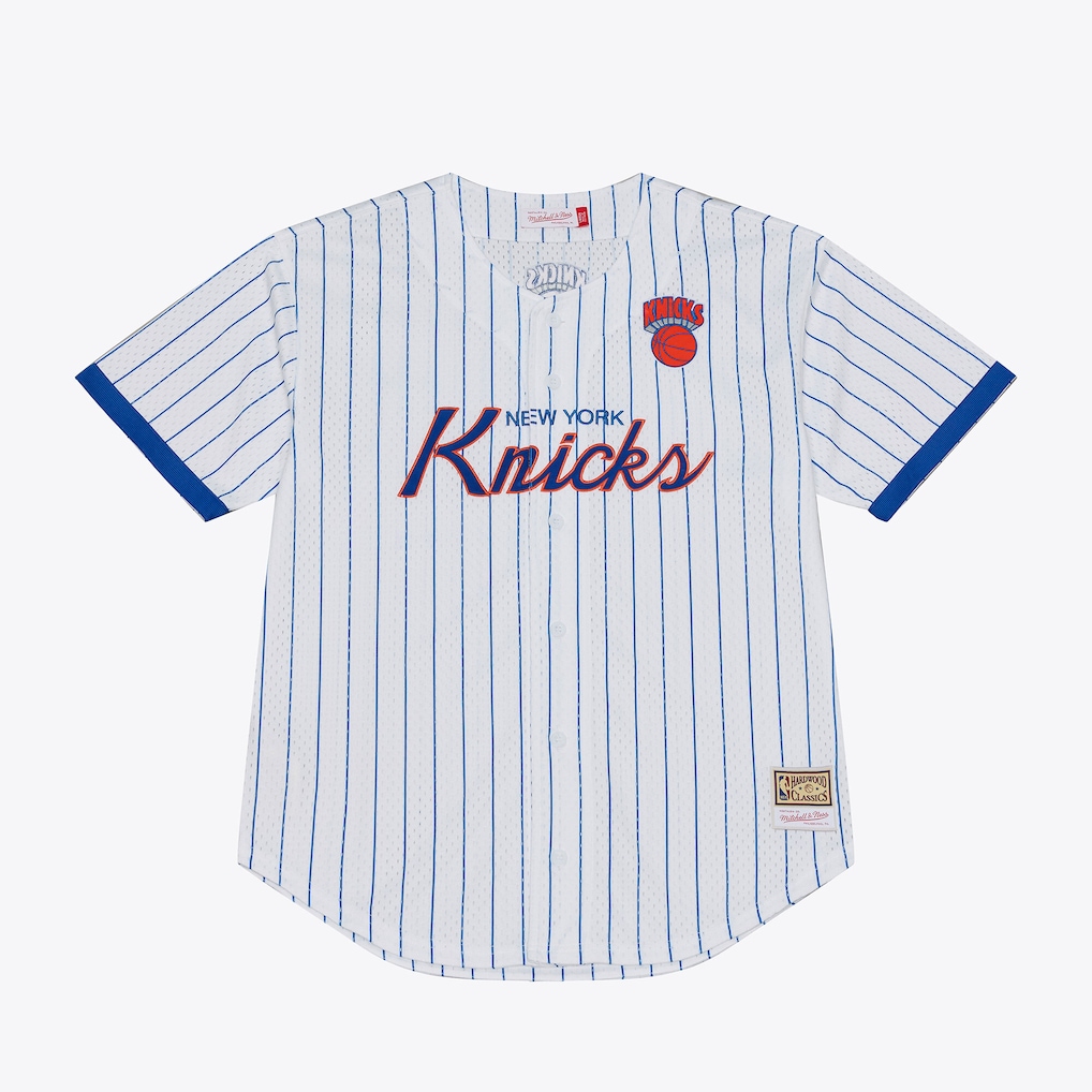 Men's New York Knicks Mitchell & Ness White Head Coach Pinstripe Mesh Full-Button Baseball Jersey