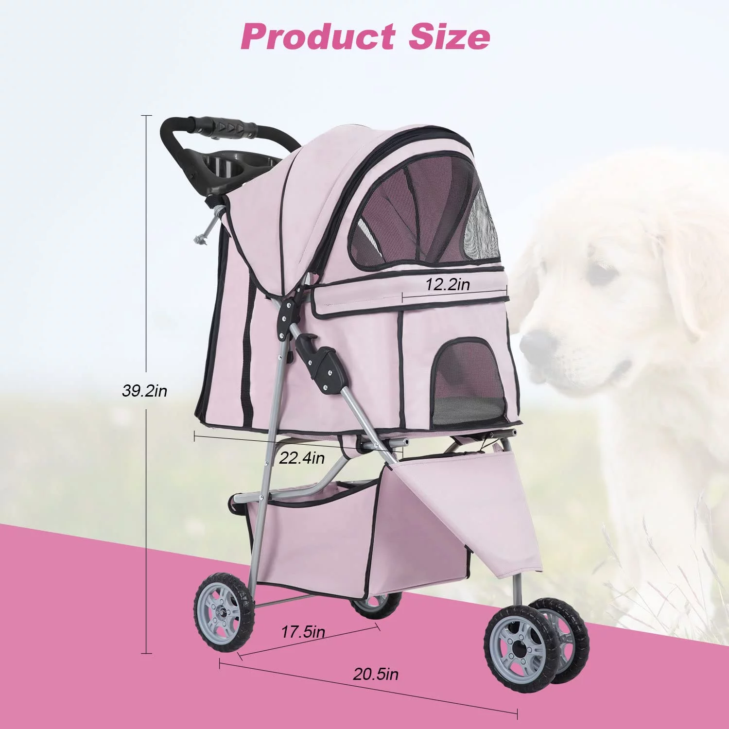 BestPet 3 Wheels Pet Stroller Dog Cat Stroller Folding Carrier Waterproof with Cup Holder (Light Pink) - Curated Treasures Market