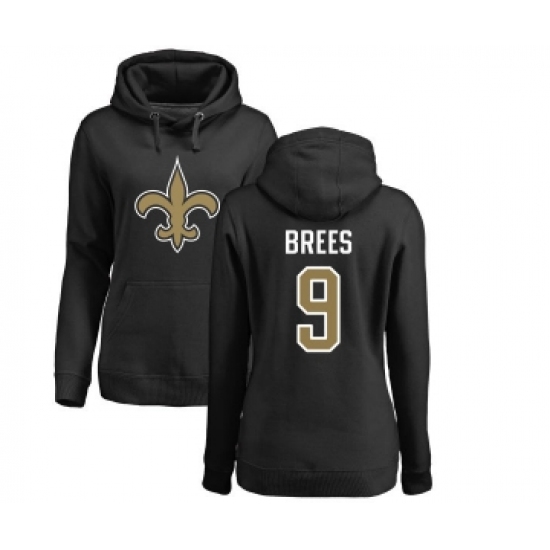 Football Women's New Orleans Saints #9 Drew Brees Black Name & Number Logo Pullover Hoodie