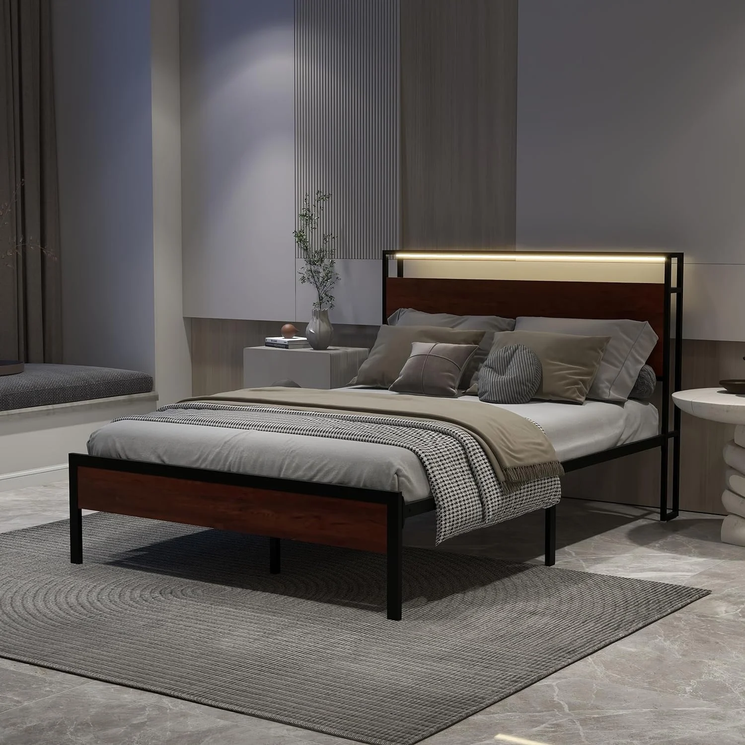 NNV Full Size Metal Platform Bed Frame with USB Ports, LED Lights Storage Headboard for Adults,  Mahogany - Curated Treasures Market