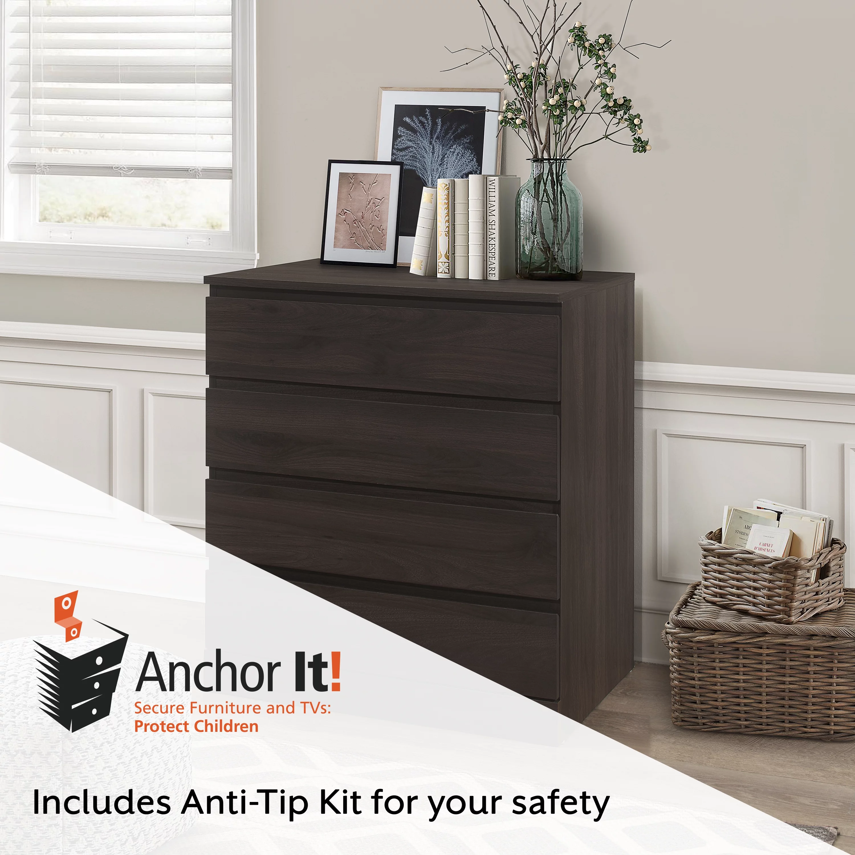 Brindle 4-Drawer Dresser, Espresso, by Hillsdale Living Essentials - Curated Treasures Market