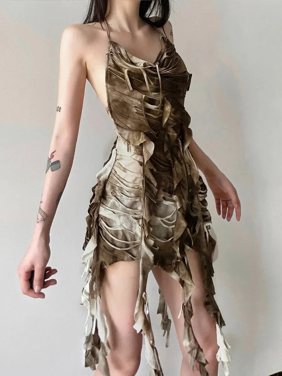 'Burn Out' Grunge Tie Dye Ripped Ruffle Cami Dress