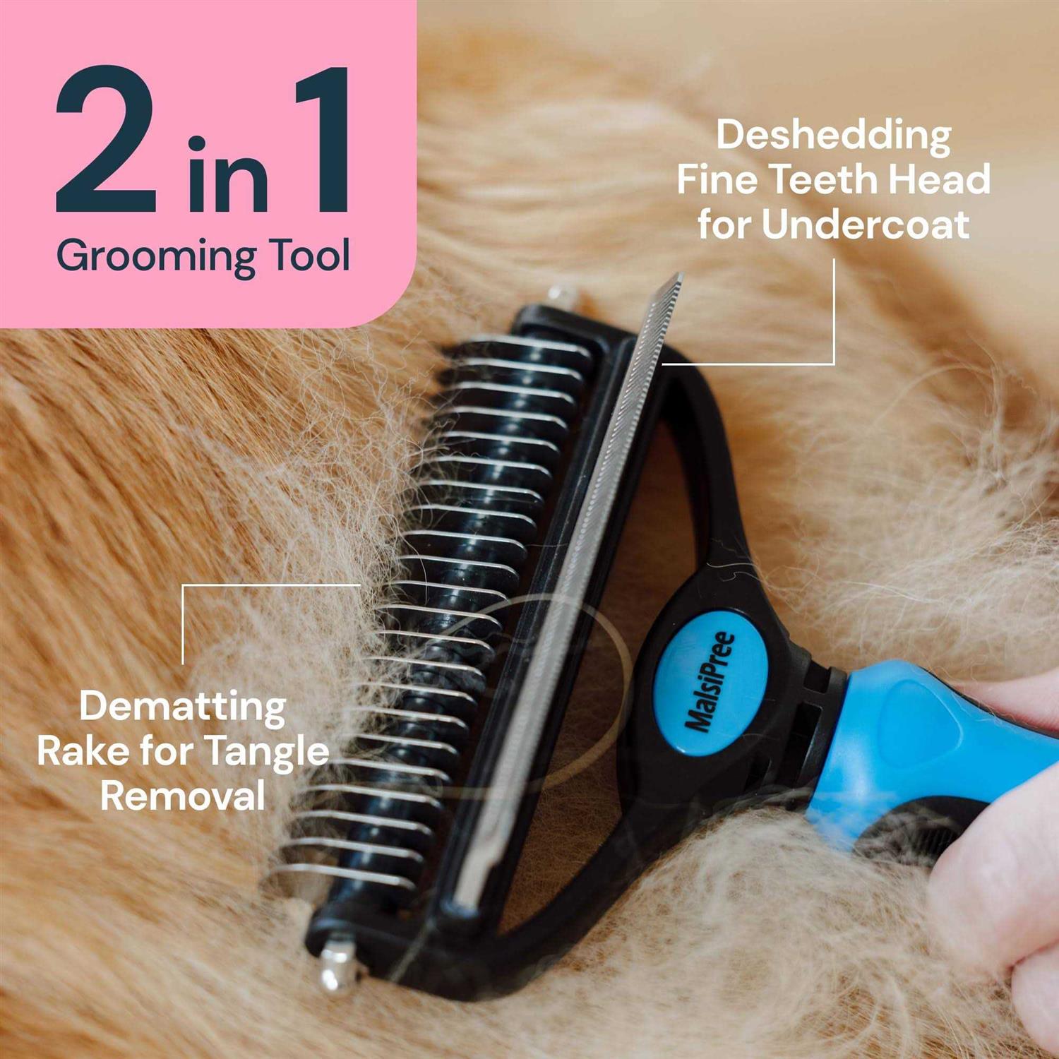 MalsiPree Grooming Brush for Shedding 2 in 1 Deshedding Tool and Undercoat Rake for Long and Short Haired