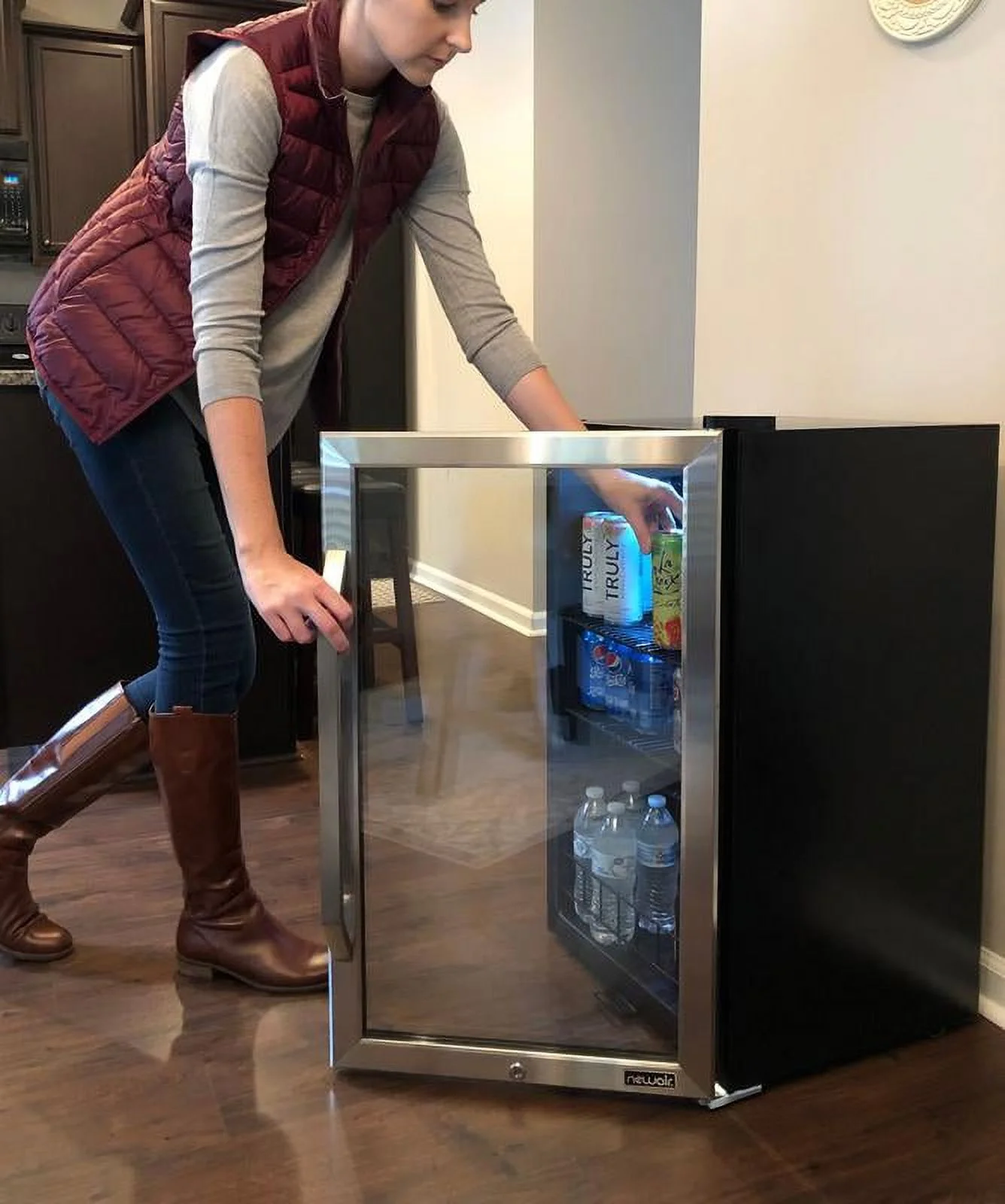 Newair 126 Can Beverage Refrigerator Cooler, Freestanding Mini Fridge with SplitShelf in Stainless Steel for Home, Office or Bar