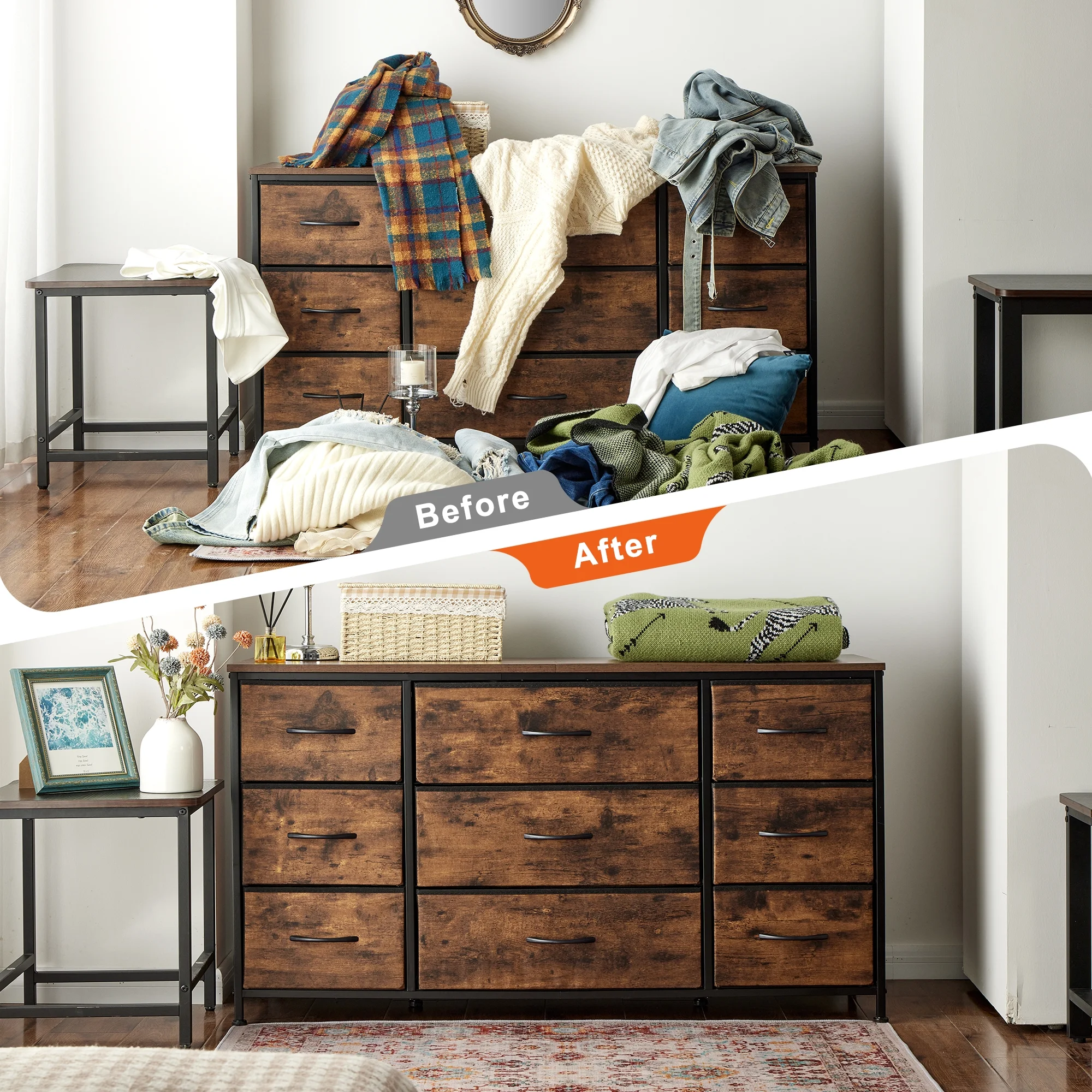 EnHomee Wide Dresser TV Stand with 9 Drawers Dresser for Bedroom, Black Wide Chests of Drawers TV Console with Large Storage Unit for Living Room/Bedroom Furniture, Black