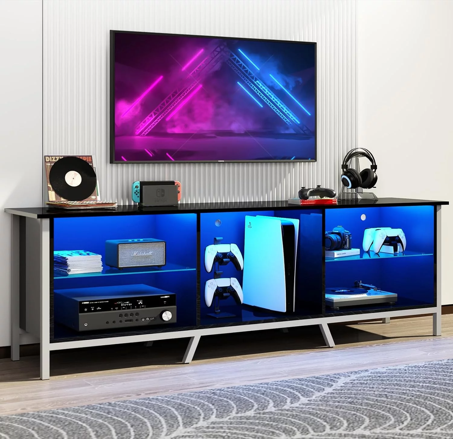 ChVans 71 TV Stand for TVs up to 80 with LED Lights, Modern Gaming Entertainment Center with Adjustable Shelve, High Glossy Black TV Stand for Living Room(Black High Glossy-71 inch)