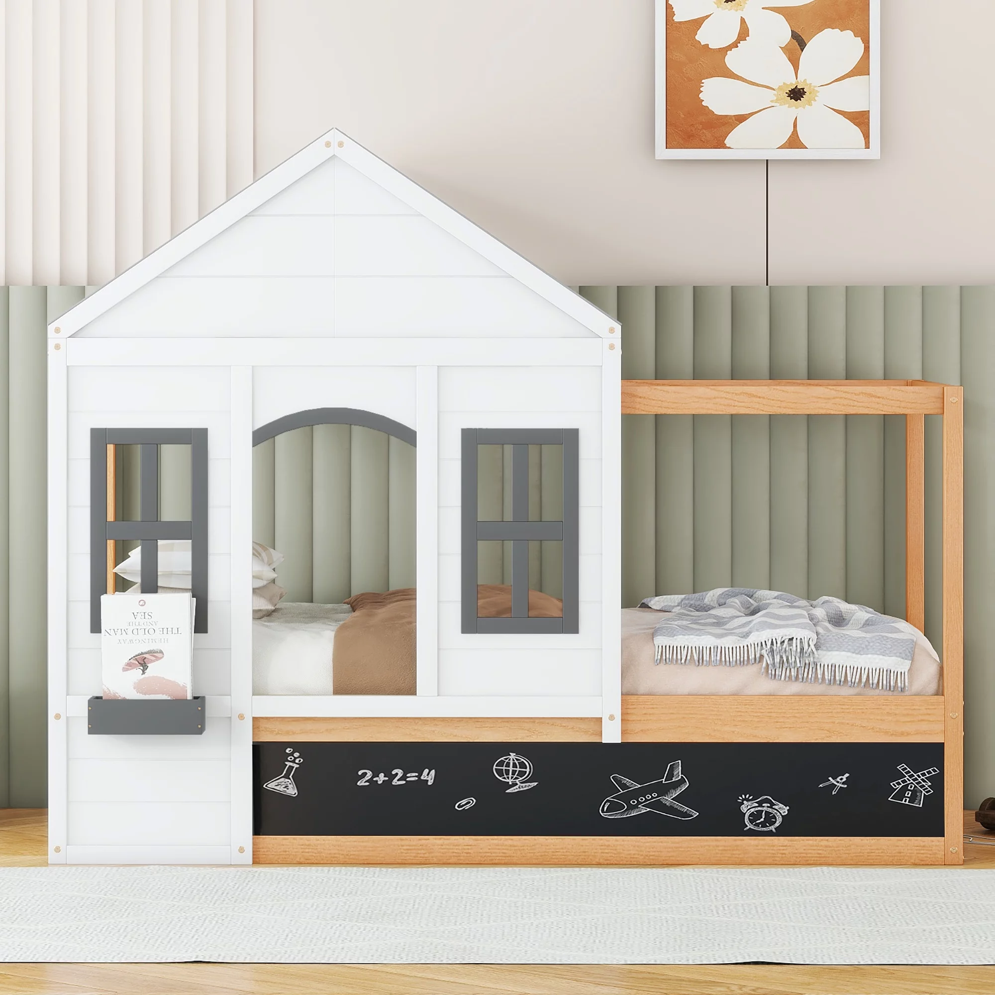 Twin Size House Shaped Canopy Bed with Black Roof and White Window.Blackboard and Little Shelf. White(Old SKU: WF294051AAK)