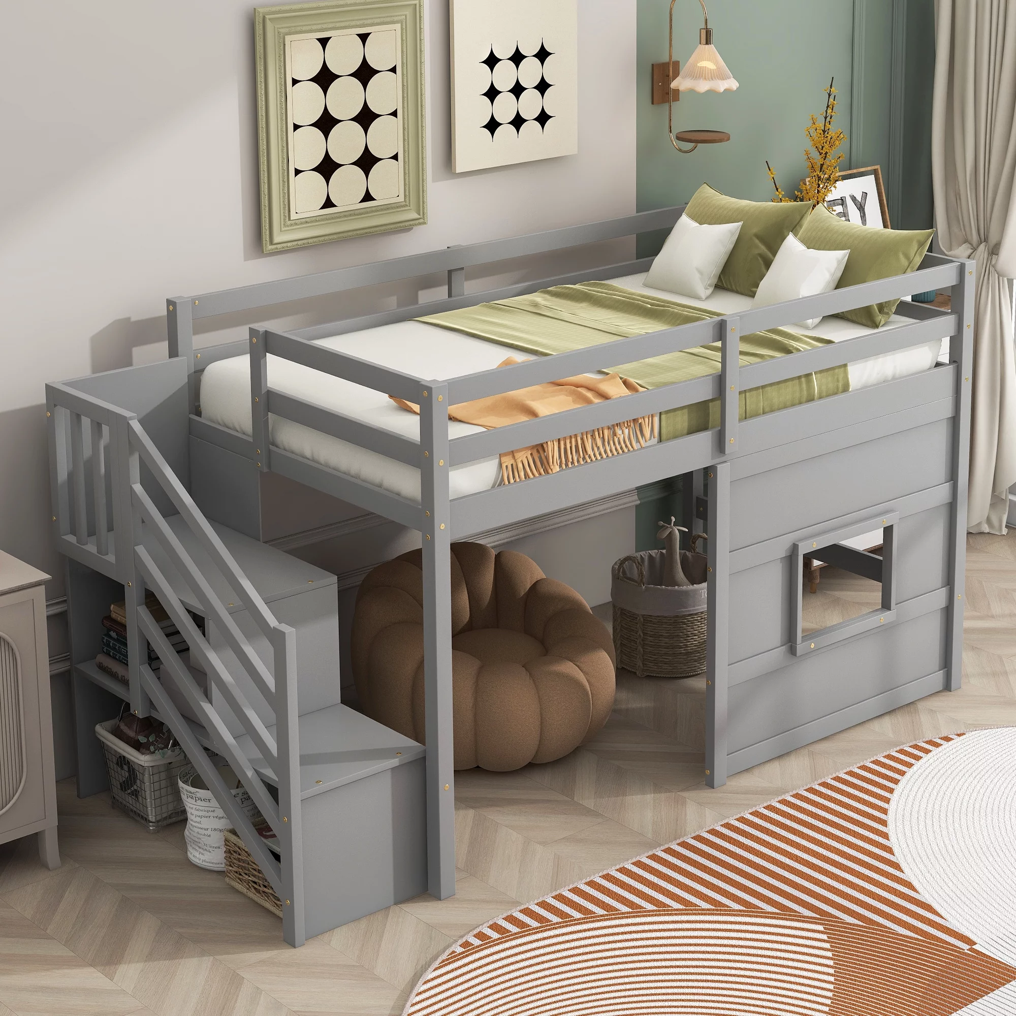 Bellemave Twin over Twin Size Loft bed with Underneath House & Strong Storage Staircases ,Solid Wood Twin Loft Bed with Full-Lengths Guardrails for Kids,Gray - Curated Treasures Market