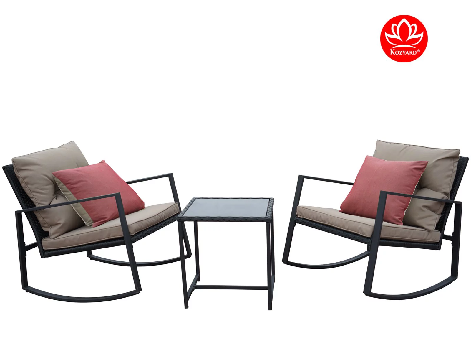 Moana Outdoor 3-Piece Rocking Wicker Bistro Set, Two Chairs and One Glass Coffee Table, Black Wicker Furniture (Taupe Cushion + Red Stripe Pillow) - Curated Treasures Market