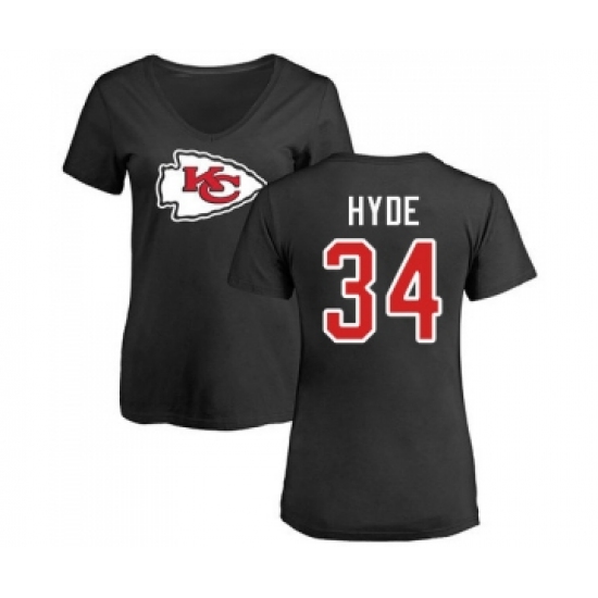 Football Women's Kansas City Chiefs #34 Carlos Hyde Black Name & Number Logo Slim Fit T-Shirt