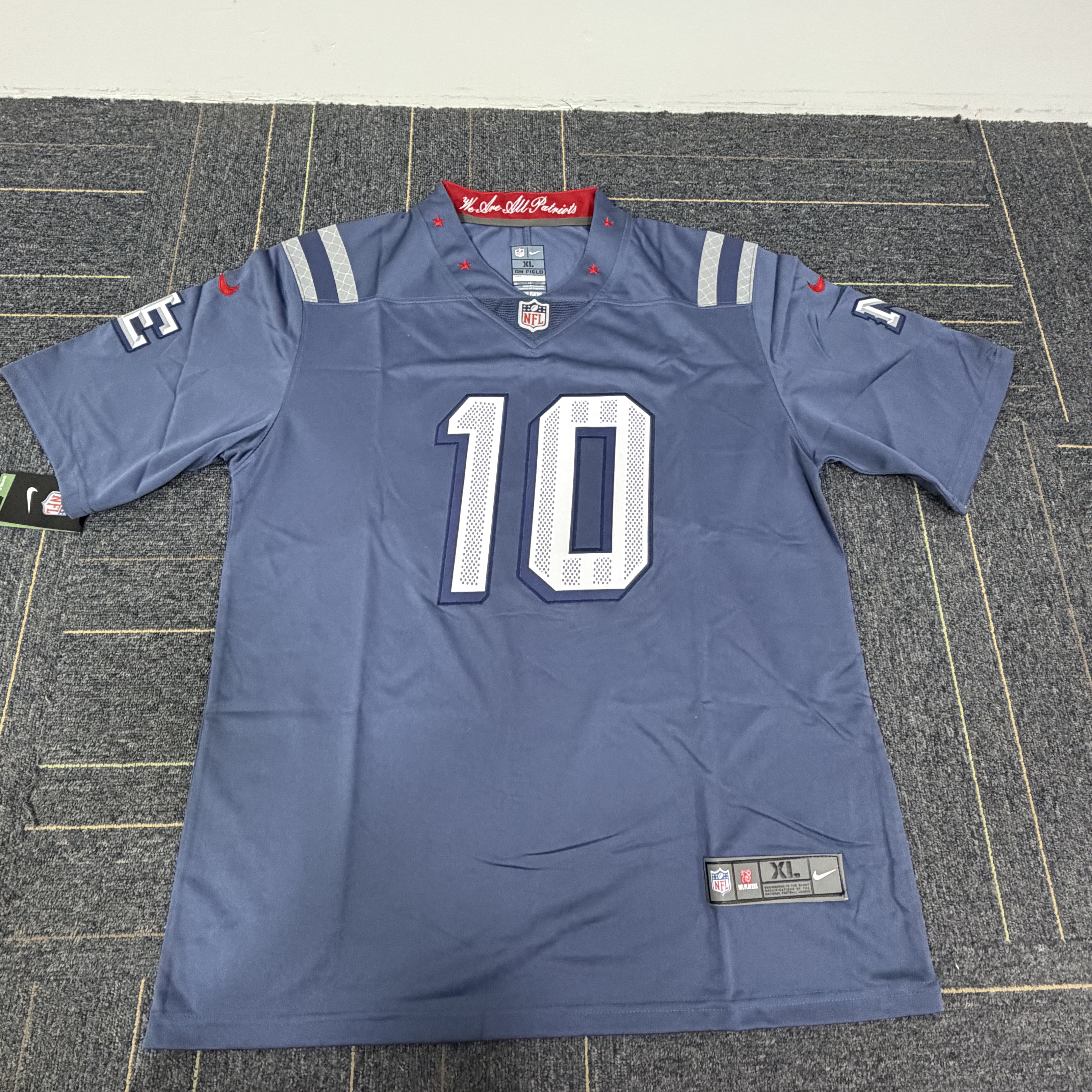 Youth New England Patriots Drake Maye Nike Storm Blue 2025 Rivalries Collection Game Jersey