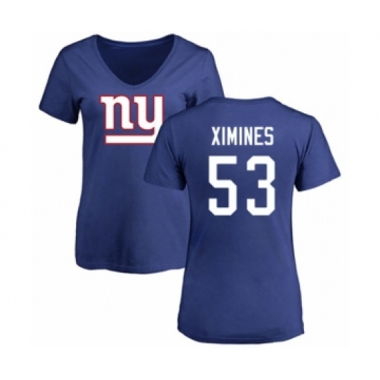 Football Women's New York Giants #53 Oshane Ximines Royal Blue Name & Number Logo T-Shirt