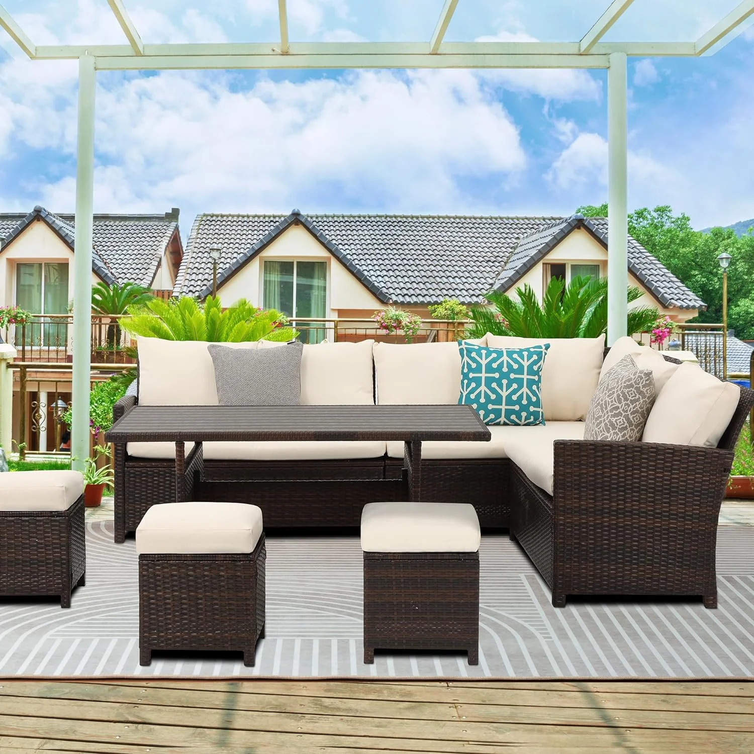 Superjoe Patio Furniture Conversation Set, 7 Piece High Curved Back All Weather Wicker Outdoor Dining Sectional Sofa with Dining Table and Chair, Ivory - Curated Treasures Market