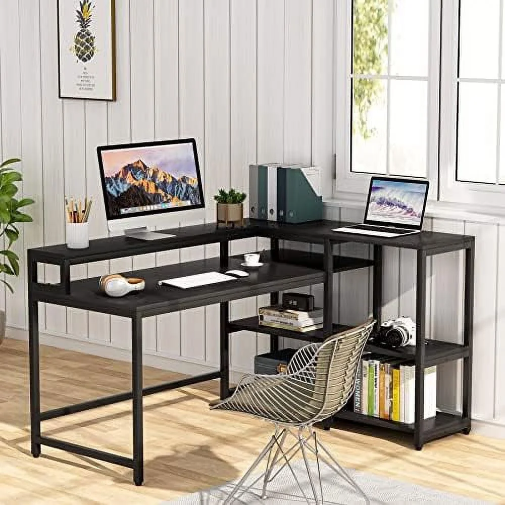 FDSHOIYN 53 Inch Reversible L Shaped Desk with    Modern Black Marble Corner Desk with Shelves and Monitor Stand  Gaming Desk for Home Office （53" D x 41" W） - Curated Treasures Market