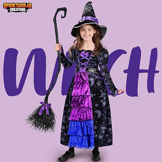 Spooktacular Creations Halloween Child Girl Purple Witch Costume, Toddler Stars and Moon Witch Dress for Kids Halloween Party - Curated Treasures Market