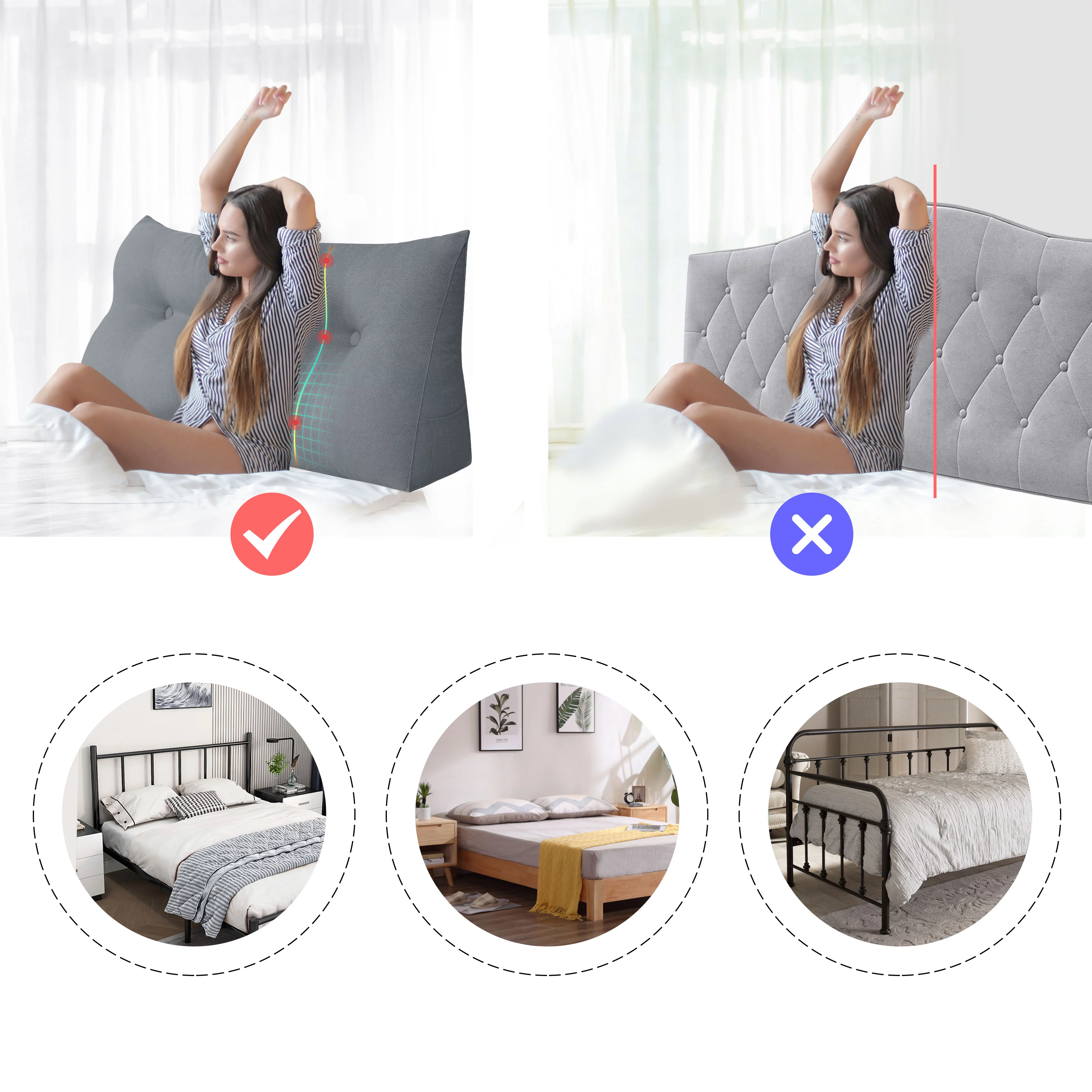 Johnear Large Headboard Reading Pillow Cotton Linen Daybed Cushion Backrest Bolster Pillow Triangular Wedge Support Positioning for Bed Sofa Rest （gray, King） - Curated Treasures Market