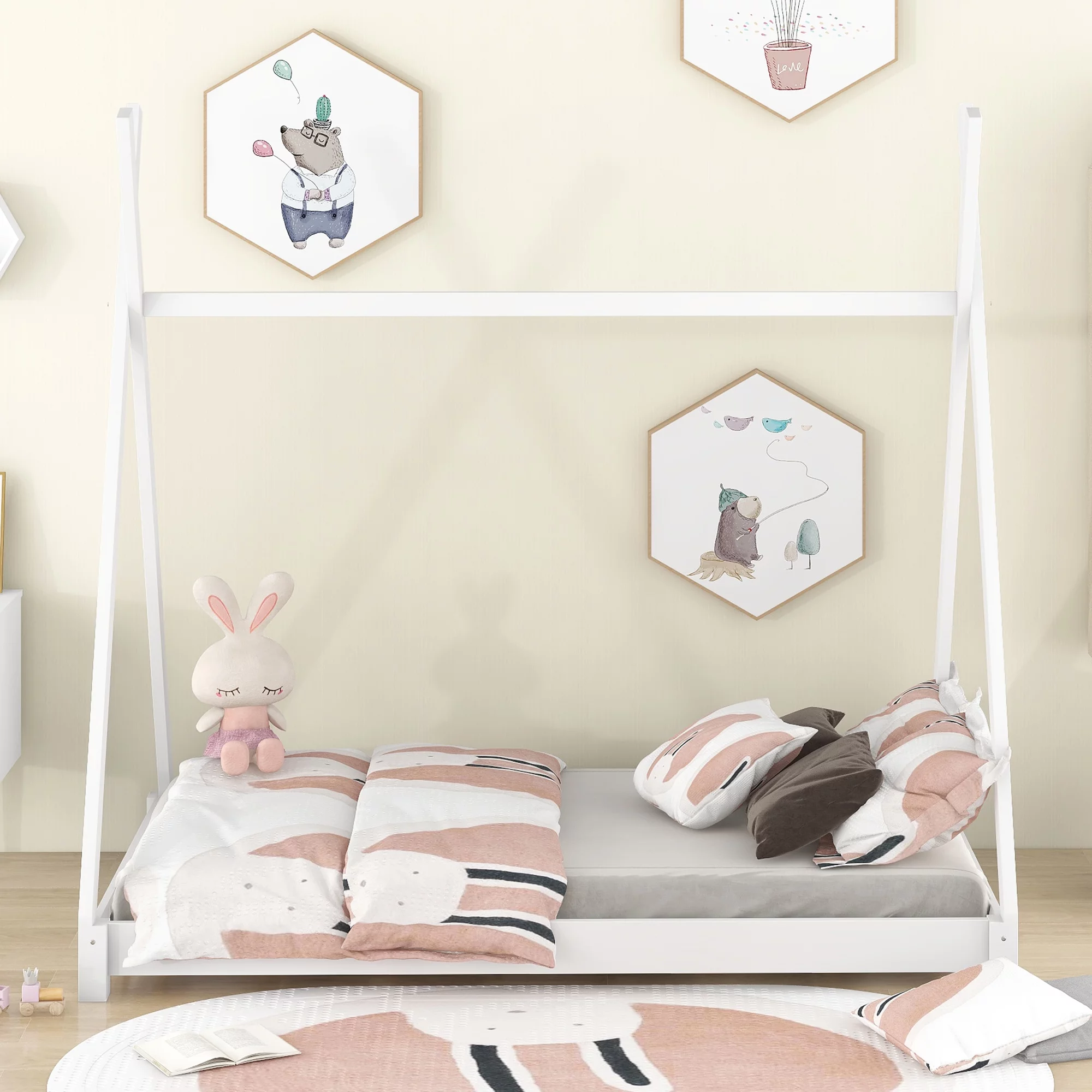 EUROCO Wood x-Shaped Twin Size Bed for Kids. White