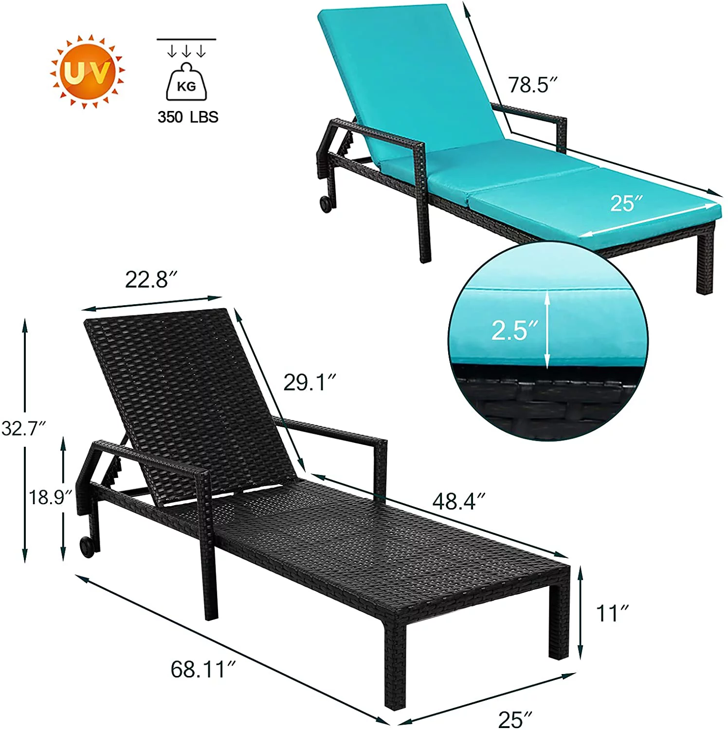 AECOJOY 3-Piece Outdoor Wicker Chaise Lounge Set Poolside Patio Lounge Chair Set of 2 with Bistro Table Umbrella Base-Blue - Curated Treasures Market