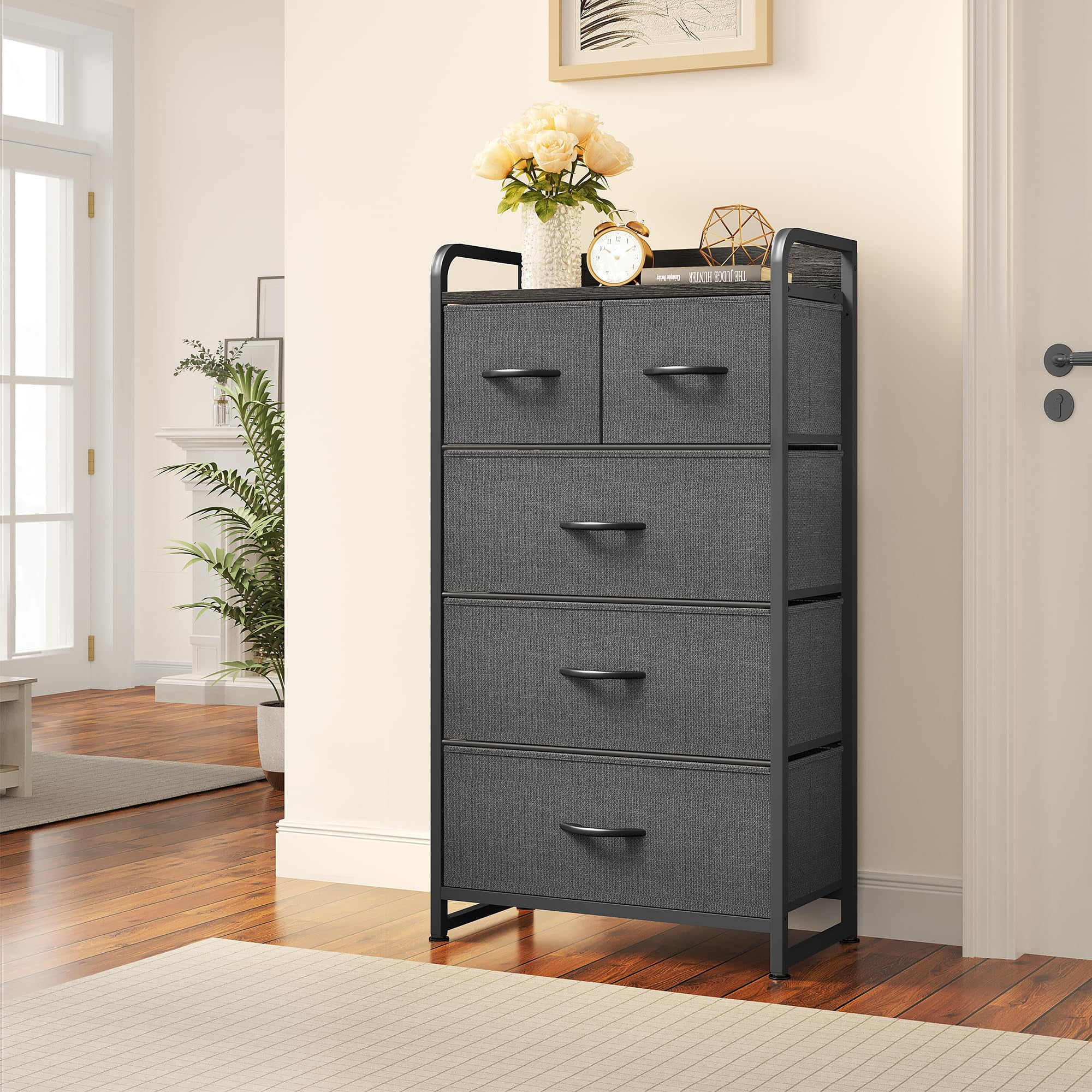 Dextrus Fabric Dresser with 5 Drawers - Storage Tower with Large Capacity, Organizer Unit for Bedroom, Living Room & Closets
