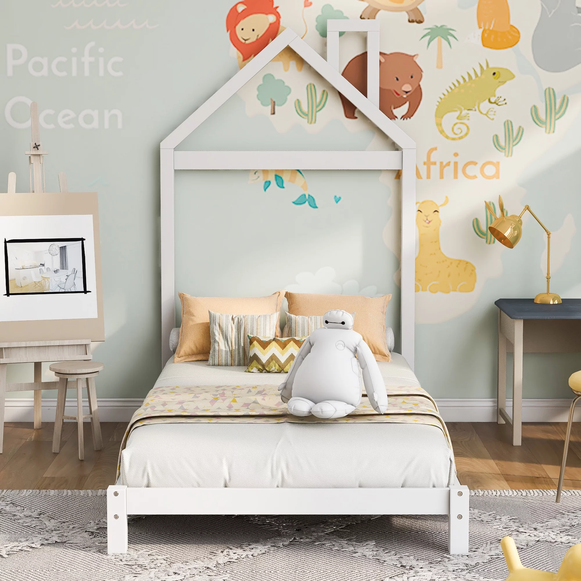 iRerts Wood Twin Platform Bed. Twin Size Bed Frame for Kids Toddlers Boys Girls. Twin Bed Frame with House Shaped Headboard. Twin Size Bed Frame No Box Spring Needed for Bedroom. White