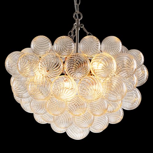 Longree Bubble Glass Globe Chandelier Swirled Ribbed Clear Blown Glass Ball Chandeliers Art Cluster Pendant Lights Dining Table Lighting Fixture for Living Room Bathroom Kitchen Entryway Foyer Bedroom