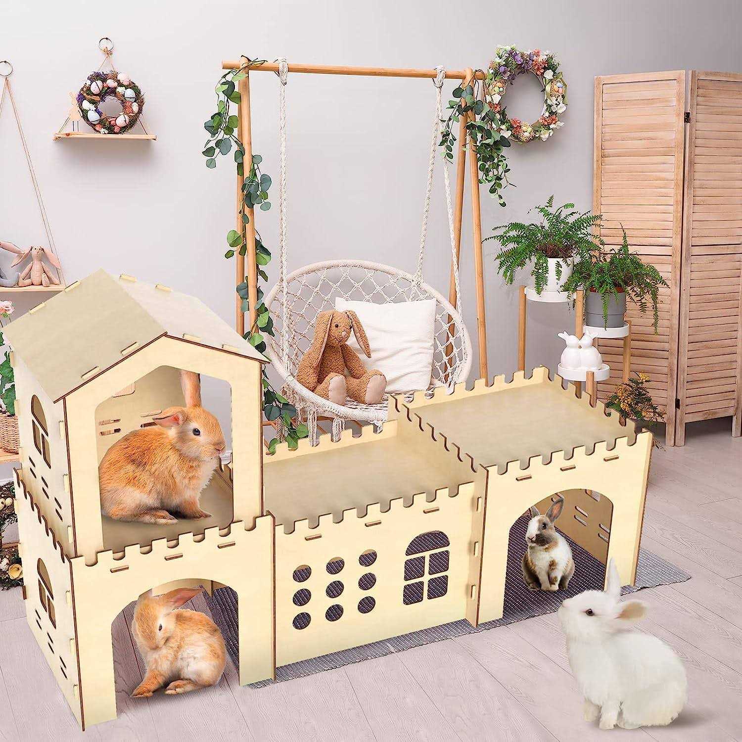 Extra Large Rabbit Hutch, Wooden Rabbit Houses and Hideouts Large Wooden Rabbit Castle Bunny Hideout