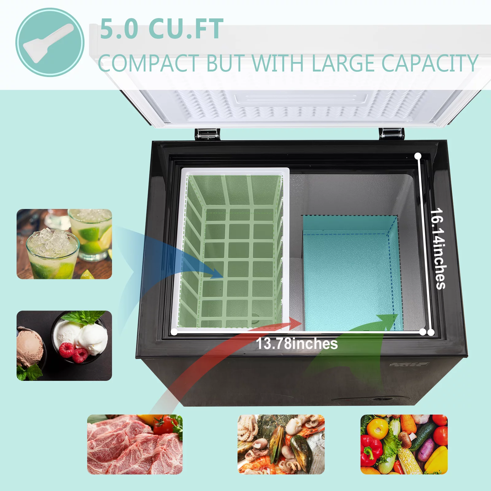 Krib B 3.5 Cu.Ft Chest Freezer with 7 Gears Temperature Adjustment, Deep Compact Freezer with a Removable Basket, Suitable for Kitchen, Garage, Basement, Black