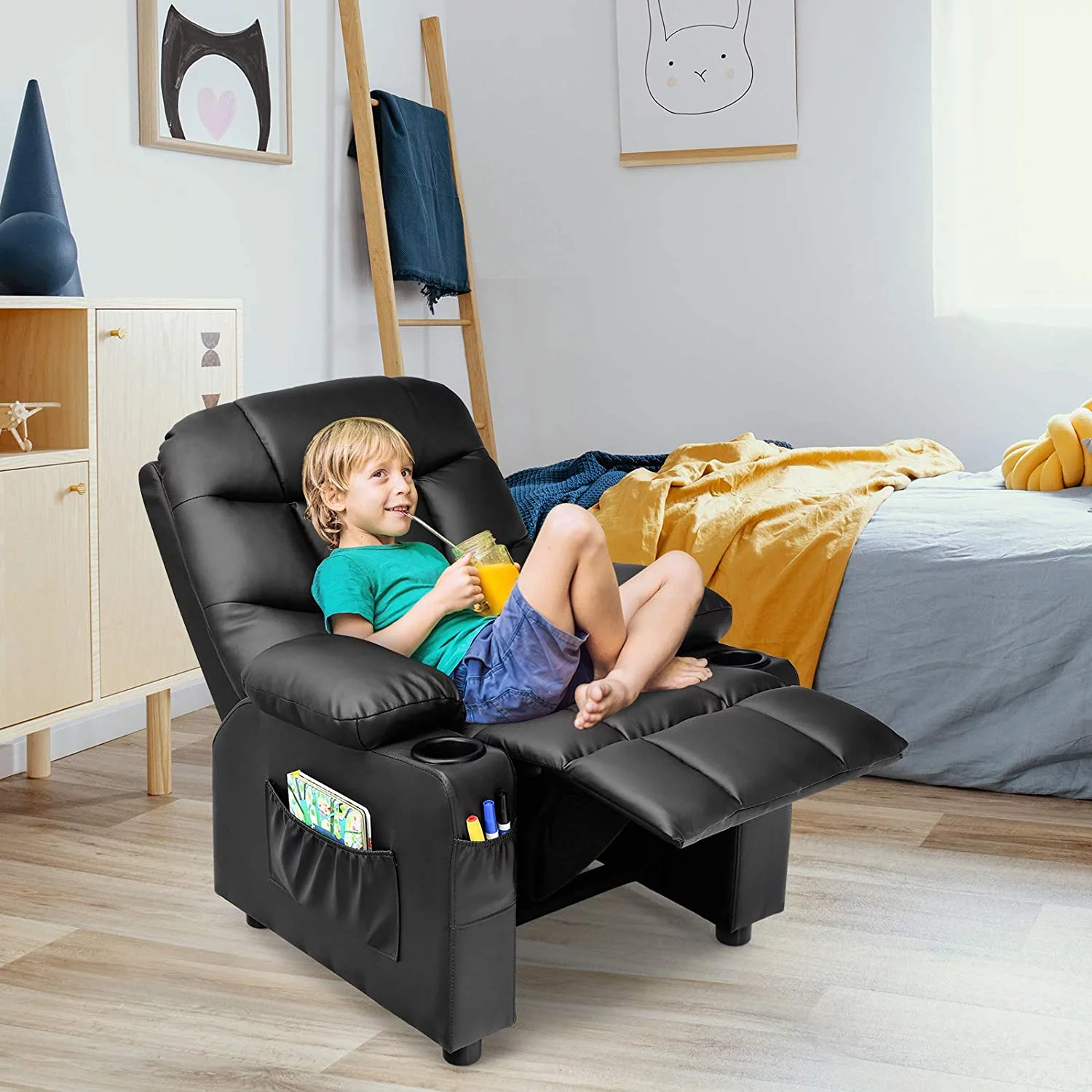 Kids Recliner Chair with Cup Holder, Adjustable Leather Lounge Chair w/Footrest & Side Pockets for Children Boys Girls Room, Ergonomic Toddler Furniture Sofa, Kids Recliner (Black) - Curated Treasures Market
