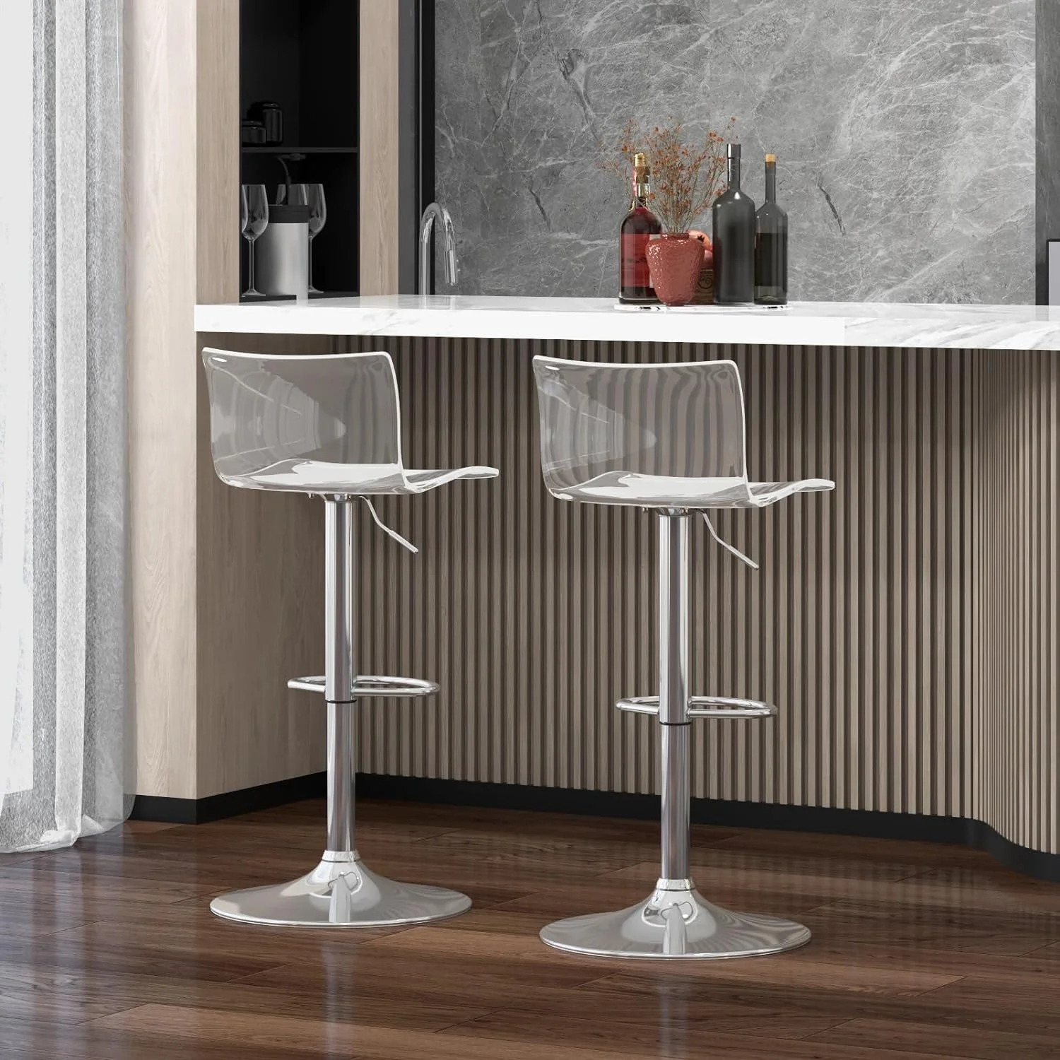U-SHARE  Acrylic Bar Stools with Mid Back, Set of 2, Transparent Adjustable Swivel Airlift Barstools, Counter Height Bar Chairs for Kitchen Dining Room Pub Cafe (Clear) - Curated Treasures Market