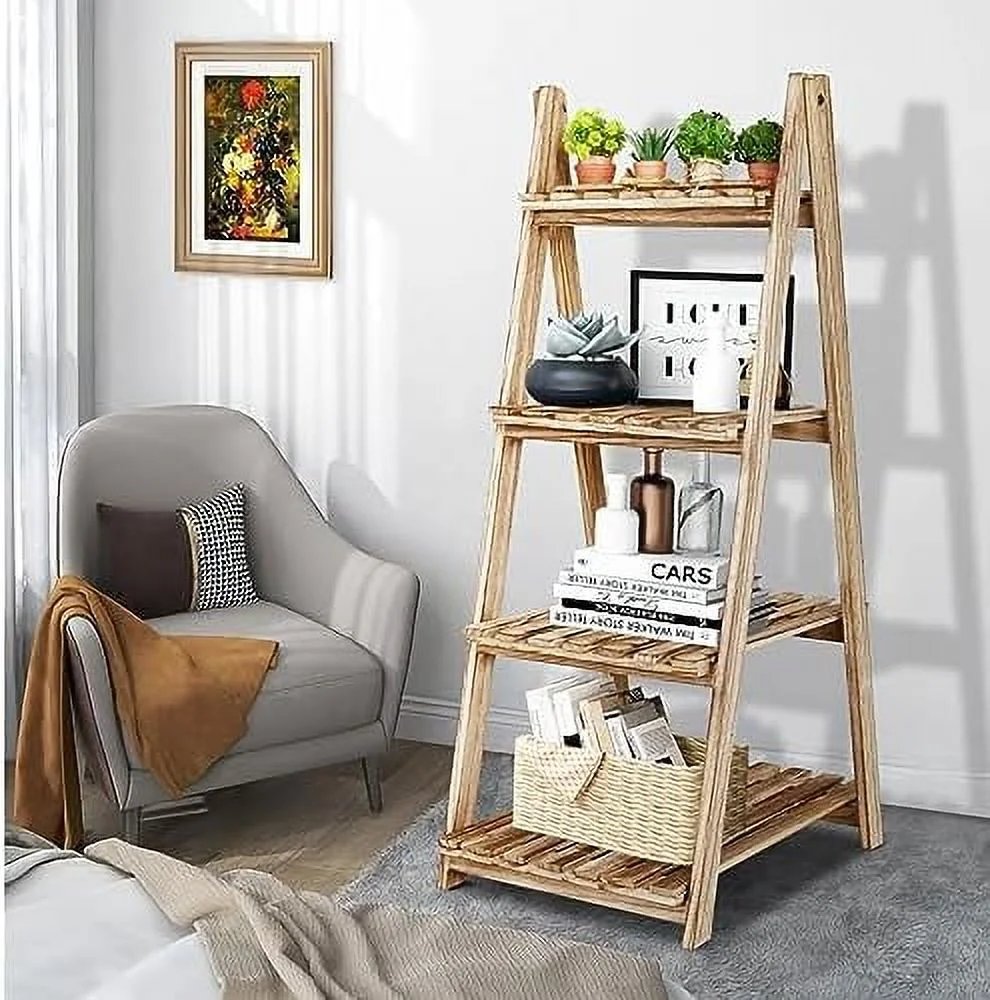 GVJMTKP Ladder   4-Tier Wooden Plant Shelves  Rustic Flower Display Rack  Freestanding  Rack  Indoor Flowerpot Stand Ladder Bookshelf  Room  Office  Bedroom  Balcony (Brown) - Curated Treasures Market