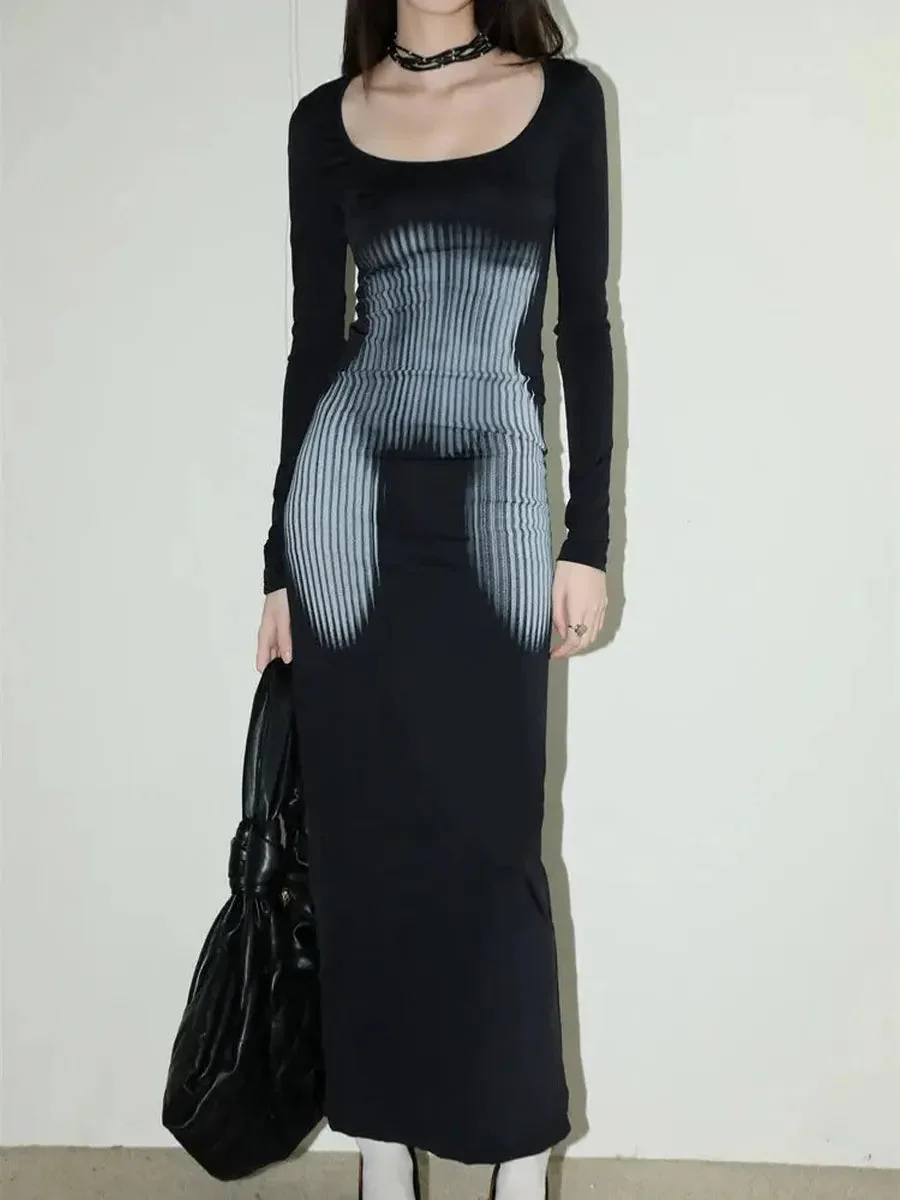 'Body Tea' Dark Sculpture Long Midi Black Sheath Dress