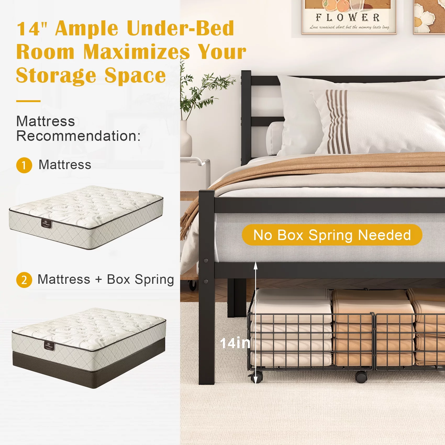 Mr IRONSTONE Heavy Duty Queen Size Metal Platform Bed Frame with Headboard and Footboard 14 High Under Bed Storage Space, No Box Spring Needed, Black