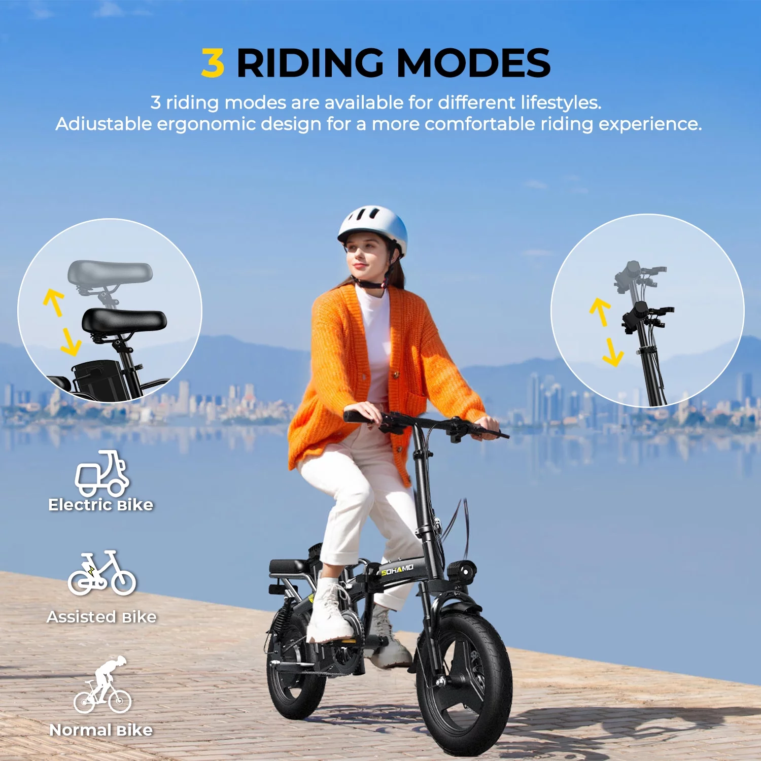 SOHAMO Electric Bike w/400W Motor and 48V 13Ah Removable Battery Folding Ebike for Adults and Teens, Full Suspension, 3 Levels Assist, 14 Mini Electric Bicycles