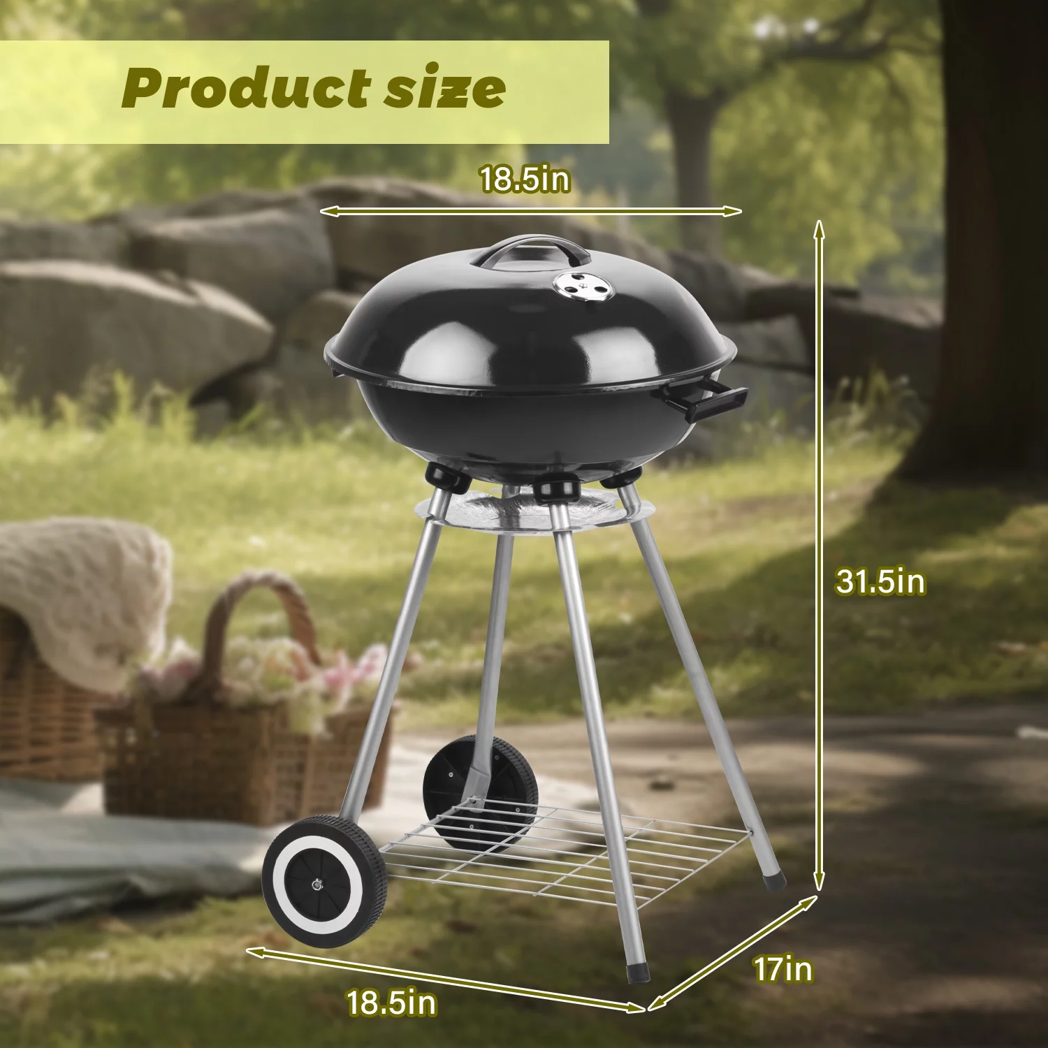 Autlaycil 18.5  Charcoal Grills, Portable BBQ Kettle Grill, Heavy Duty Coal Grills, Thickened Grilling Bowl, Black