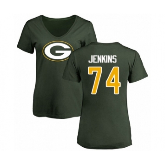 Football Women's Green Bay Packers #74 Elgton Jenkins Green Name & Number Logo T-Shirt