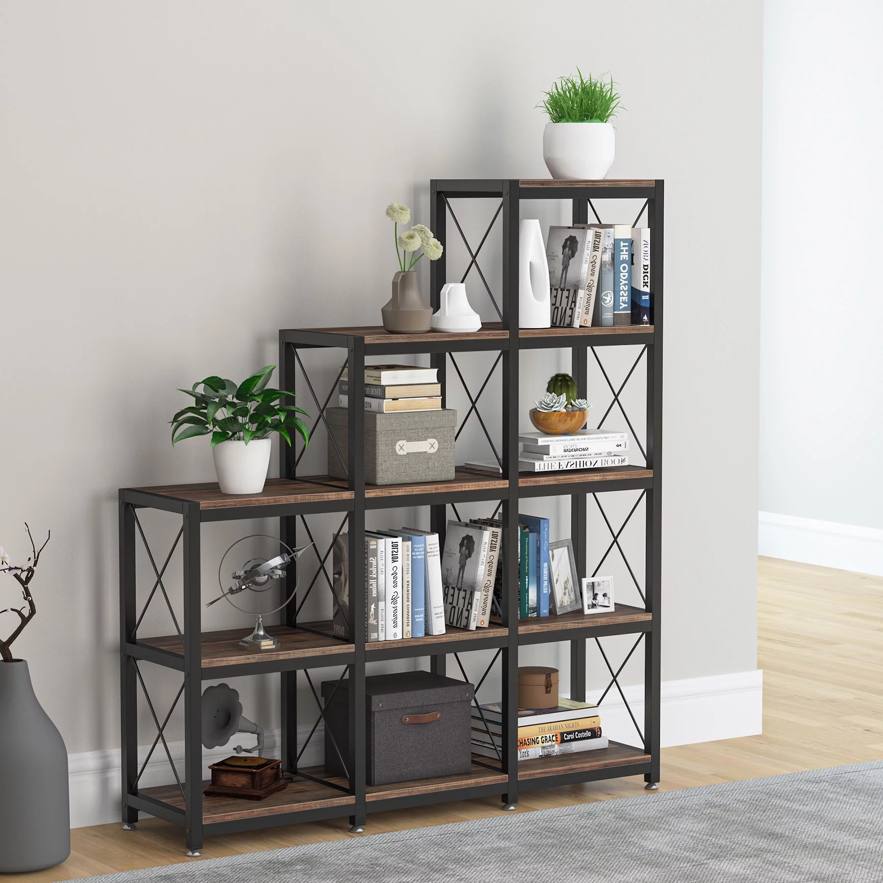 Tribesigns 12 Shelves Etagere Bookcase, Modern 9 Cubes Stepped Bookshelf, Industrial Ladder Corner Shelf Display Shelf Storage Organizer for Home Office - Curated Treasures Market