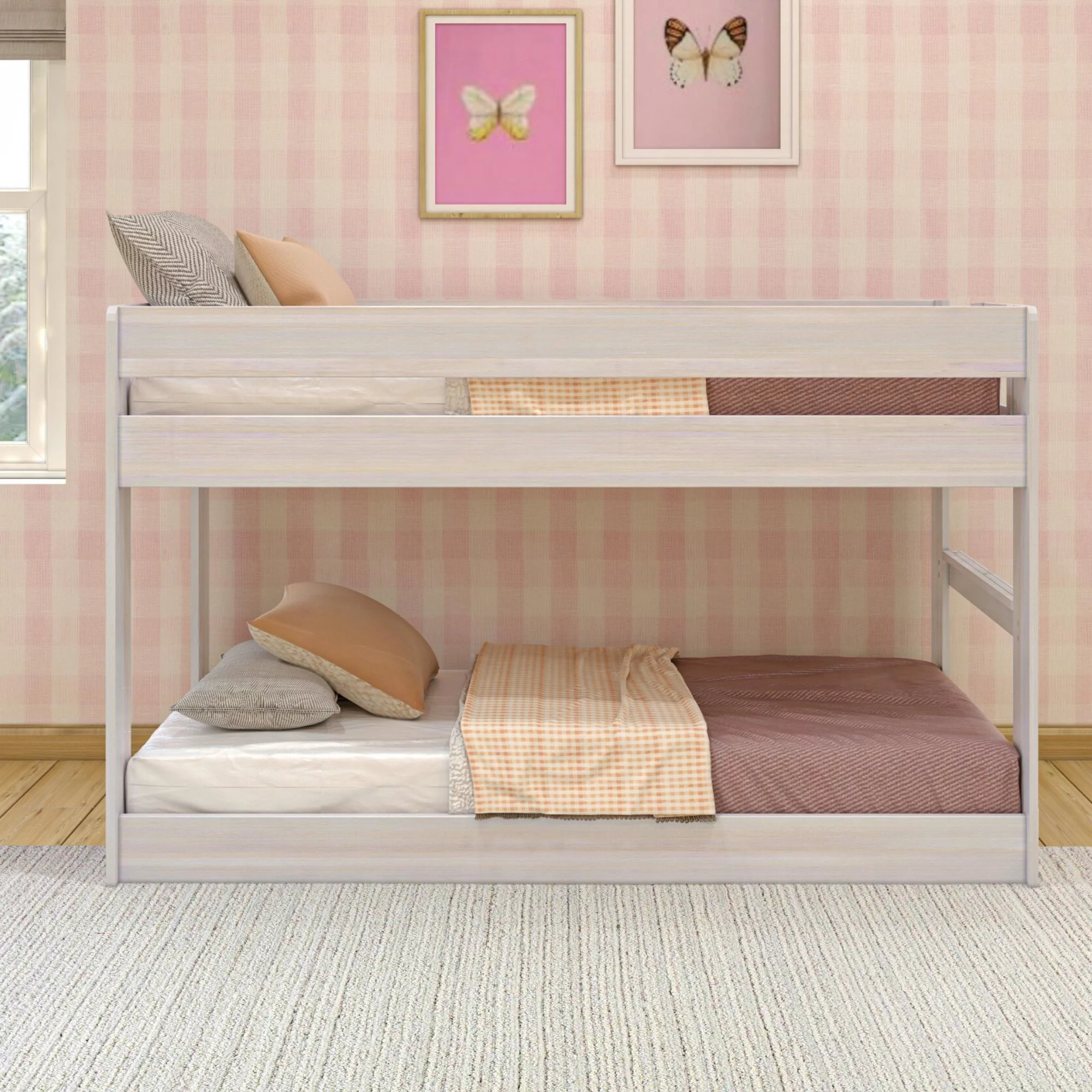 Max & Lily Twin Over Twin Low Bunk Bed, Modern Farmhouse Wooden Bunk Beds for Kids, White Wash - Curated Treasures Market
