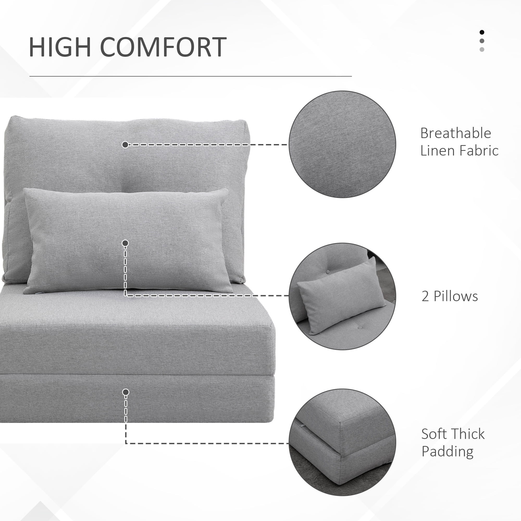 HOMCOM 2-in-1 Floor Adult Lazy Sofa Bed with 5 Position Adjustable Backrest, Light Gray - Curated Treasures Market